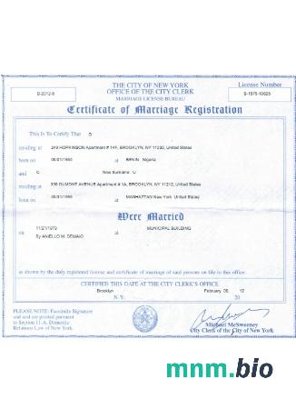 USA New York certyfikat of marriage registration